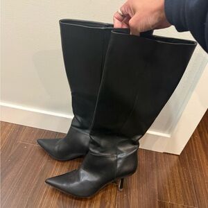 Black Leather Knee High Heeled Boots